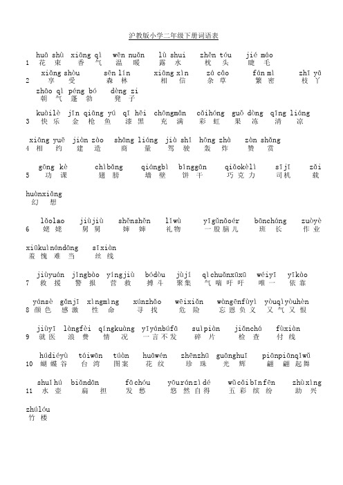 沪教版小学二年级下册语文词语表带拼音