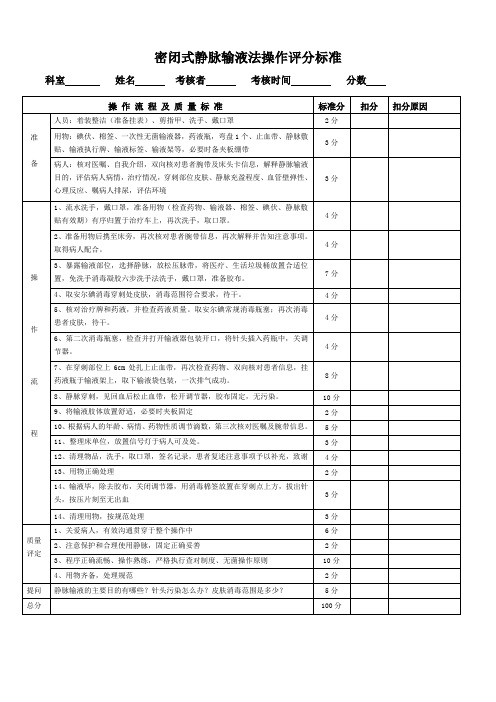 密闭式静脉输液法操作评分标准