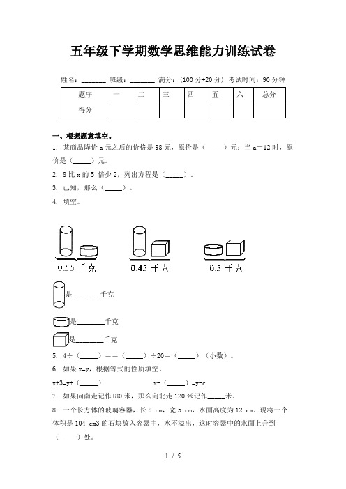 五年级下学期数学思维能力训练试卷