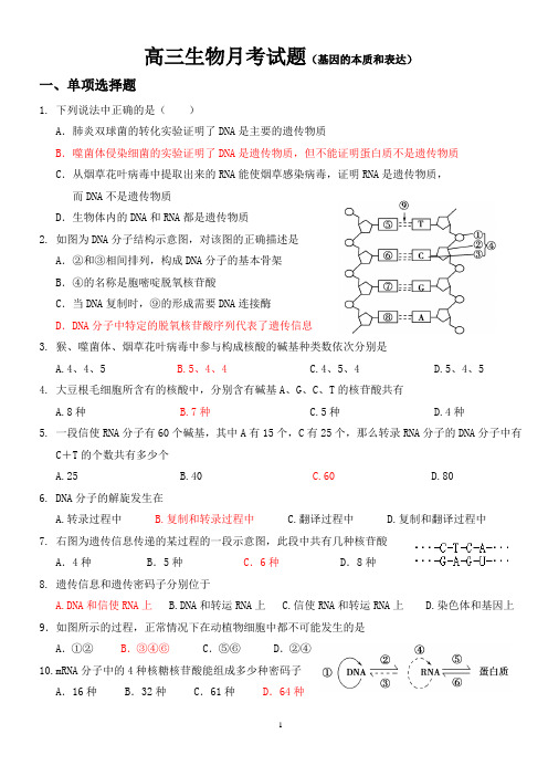 高三生物月考试题(基因的本质和表达)