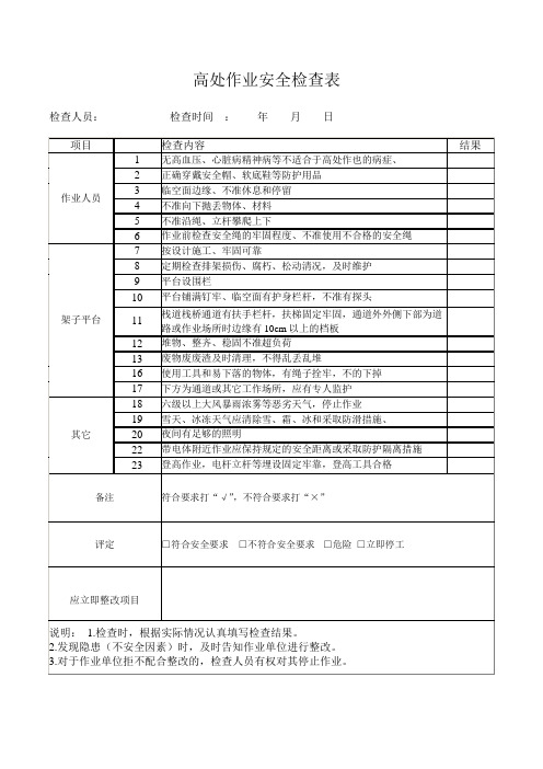 高处作业安全检查表