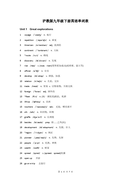 沪教版 九年级下册英语单词表