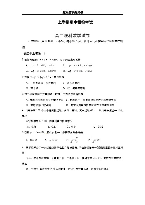 最新版2019-2020年福建省重点高中高二上学期期中考试数学(理)模拟试题及答案-精编试题