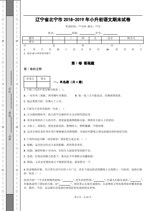 _辽宁省北宁市2018-2019年小升初语文期末试卷