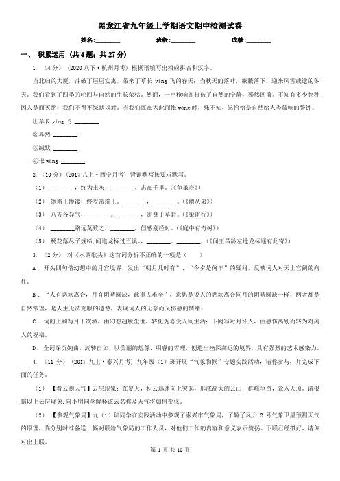 黑龙江省九年级上学期语文期中检测试卷