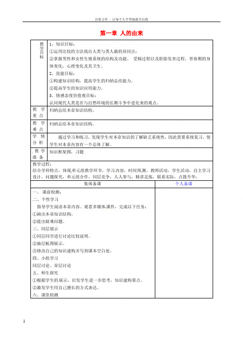 七年级生物下册第一章人的由来复习教案新人教版