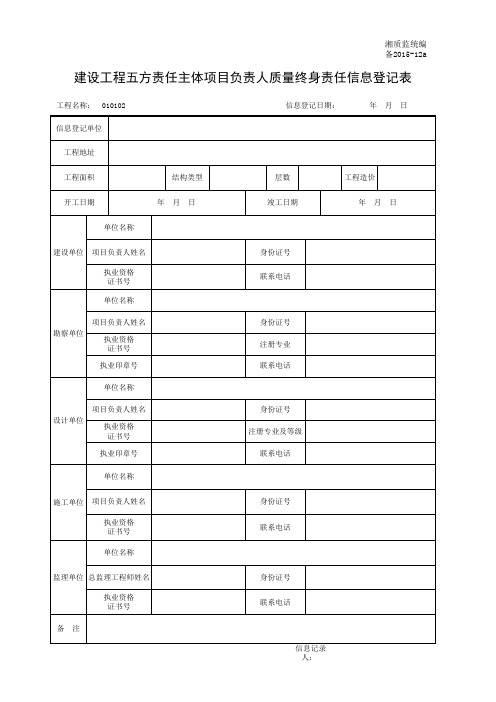 建设工程五方责任主体项目负责人质量终身责任信息登记表