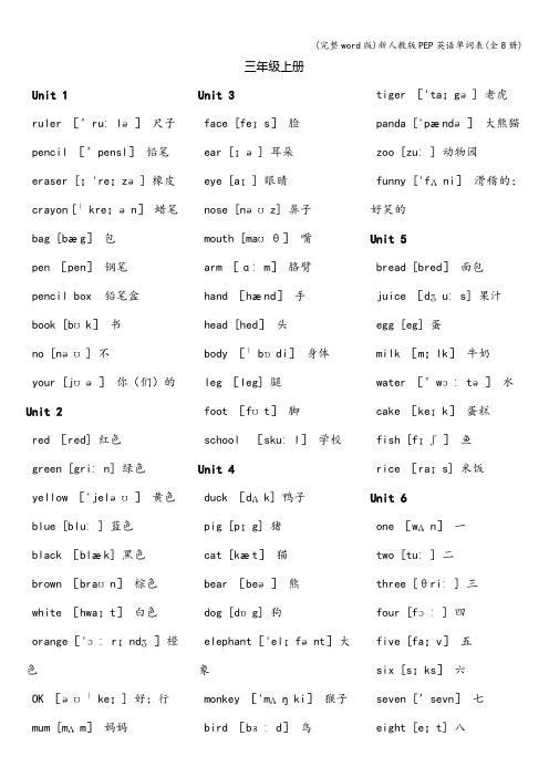 (完整word版)新人教版PEP英语单词表(全8册)