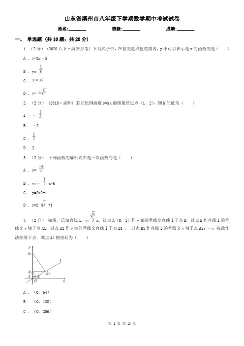 山东省滨州市八年级下学期数学期中考试试卷