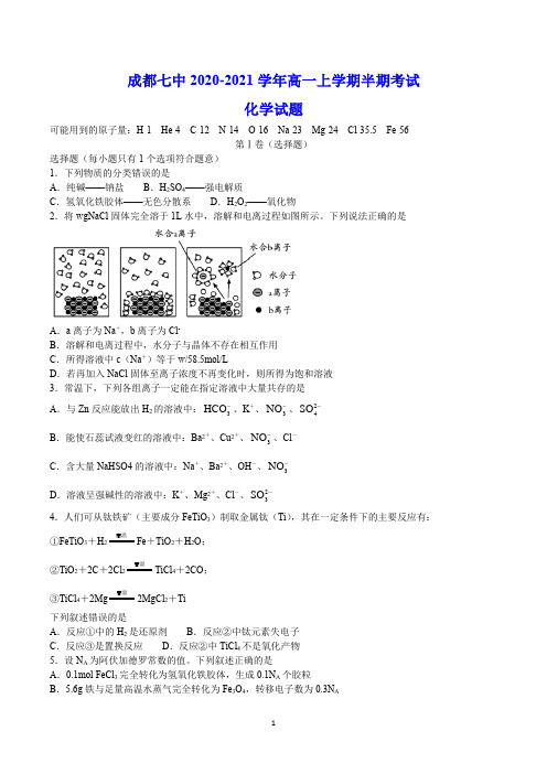 成都七中2020-2021学年高一上学期期中考试 化学试题(含答案)