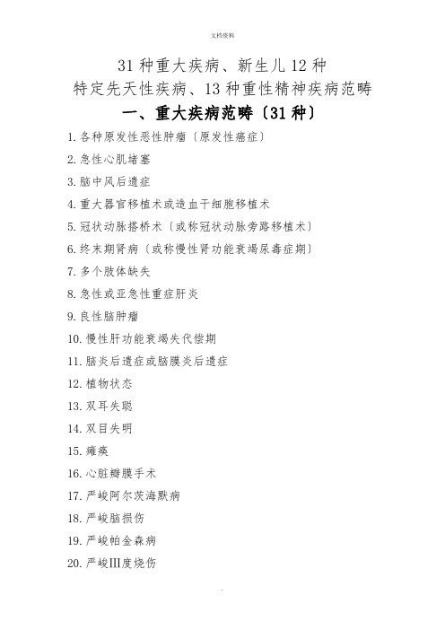 31种重大疾病、新生儿12种特定先天性疾病、13种重性精神疾病范畴