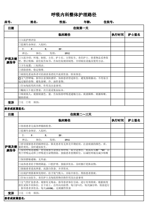 呼吸内科整体护理临床路径