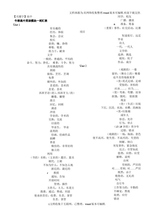 【高中】牛津译林版高中英语模块一词汇表及默写表