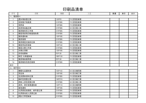 酒店印刷品清单