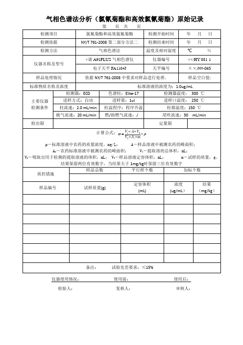 气相色谱法分析(氯氰菊酯和高效氯氰菊酯)原始记录