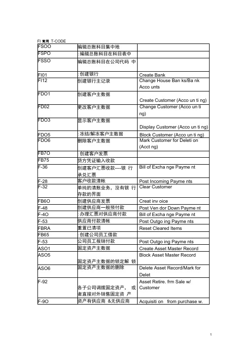 SAP财务模块FI常用T-CODE