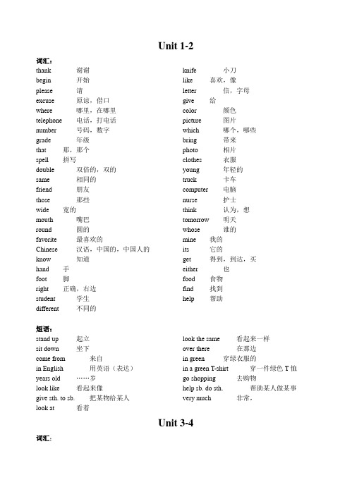 仁爱版英语七年级上册考点词汇表