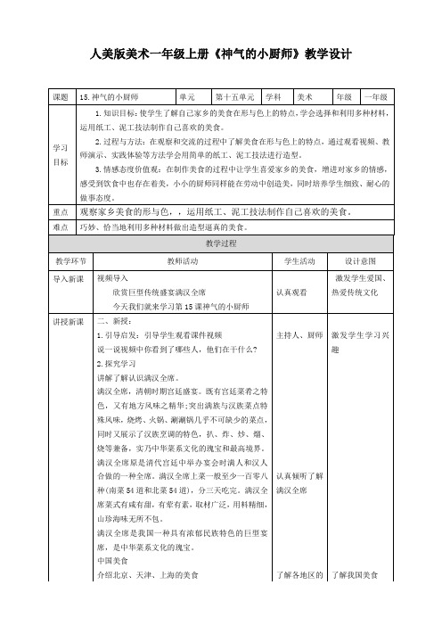 人美版美术小学一年级上册第十五课《神气的小厨师》教案