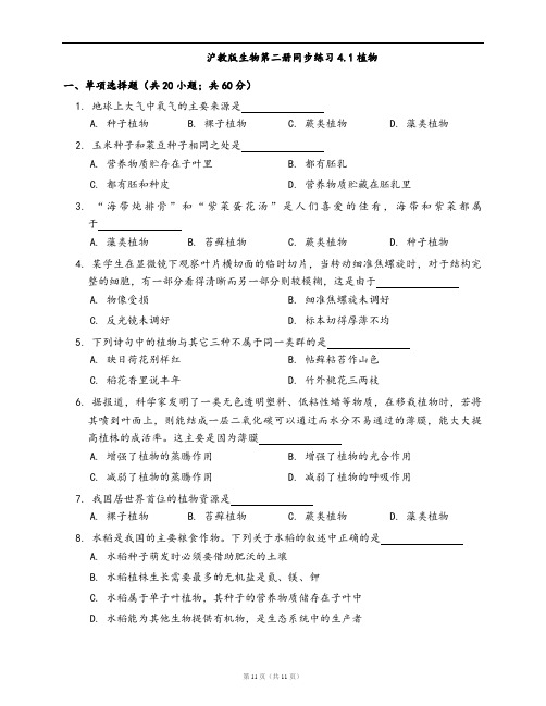 沪教版生物第二册同步练习4.1植物(word版,含答案解析)