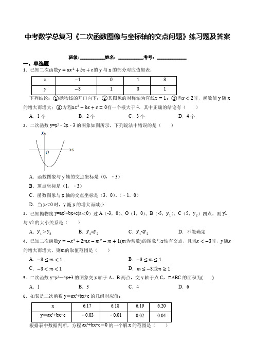 中考数学总复习《二次函数图像与坐标轴的交点问题》练习题及答案