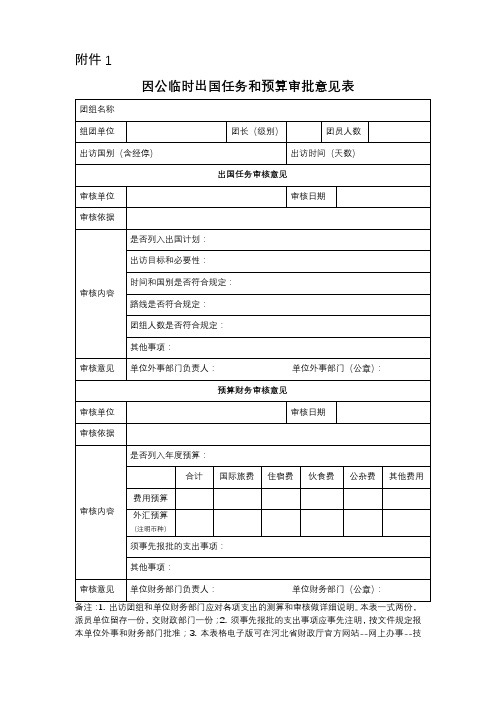 因公临时出国任务和预算审批意见表【模板】