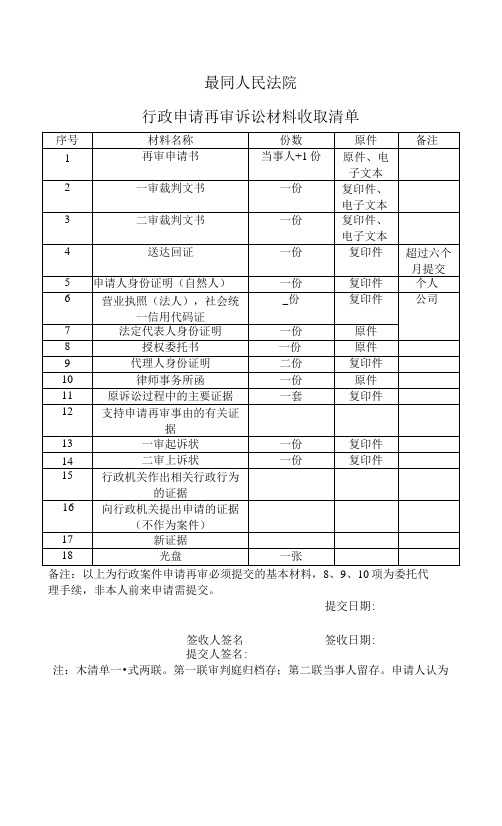 最高人民法院行政申请再审诉讼材料收取清单