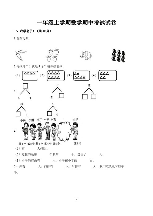 小学一年级上册期中考试数学试卷含答案(共5套)