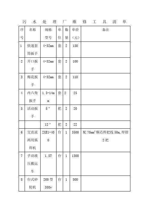 污水处理厂维修工具清单