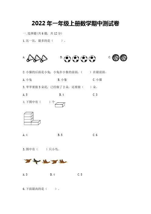 2022年一年级上册数学期中测试卷含完整答案(名师系列)