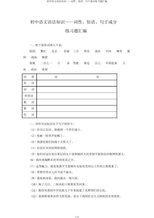 初中语文语法知识——词性、短语、句子成分练习题汇编