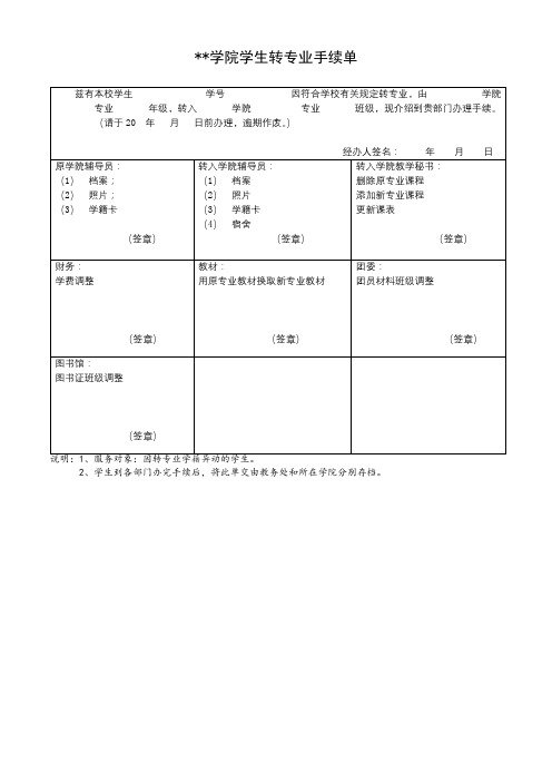 厦门华厦学院学生转专业手续单【模板】