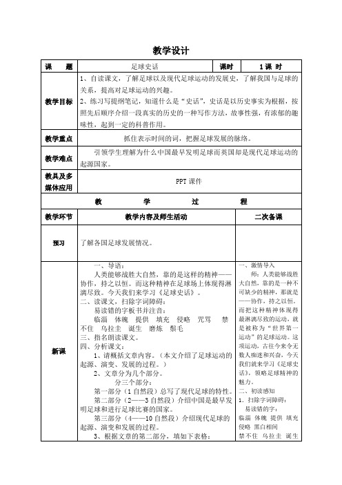 六年级上语文教学设计_足球史话