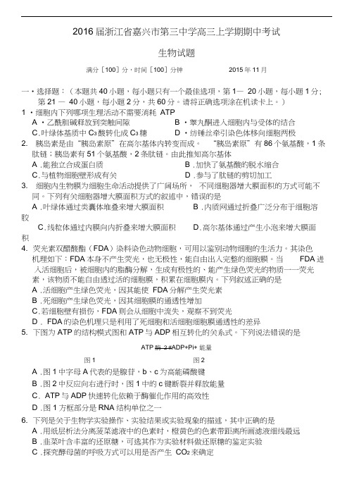 浙江省嘉兴市第三中学2016届高三上学期期中考试生物试题含答案