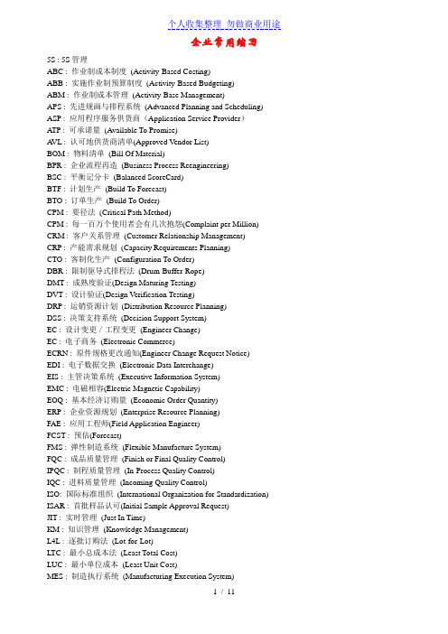 企业常用管理制度术语英文缩写