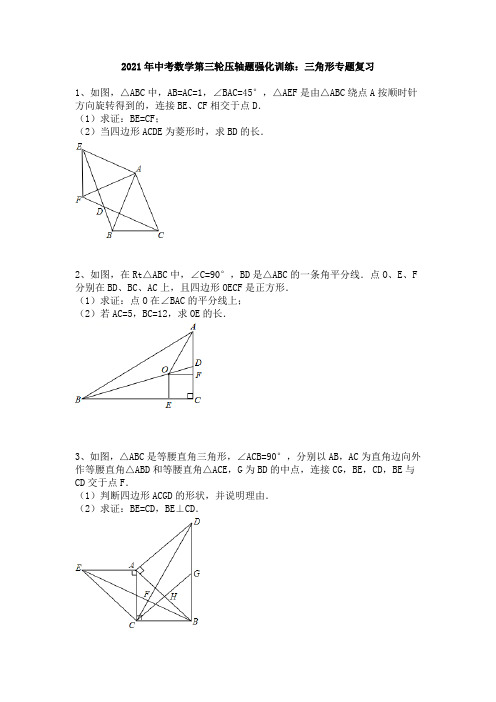 2021年中考数学第三轮压轴题强化训练：三角形 专题复习(含答案)