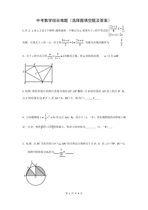 中考数学选择题填空题难题及答案(2)