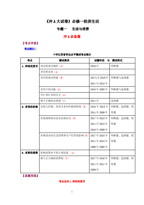 2018年江苏学业水平测试一轮复习人教版高中政治真题再现  考点过关：必修一经济生活专题一  生活与消费