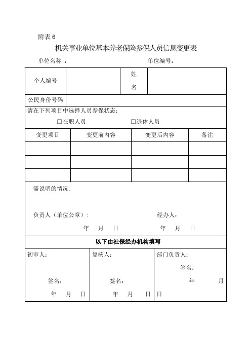 机关事业单位基本养老保险参保人员信息变更表--机关事业单位养老保险业务办理表格