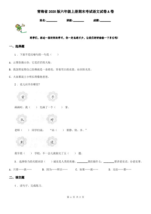 青海省2020版六年级上册期末考试语文试卷A卷