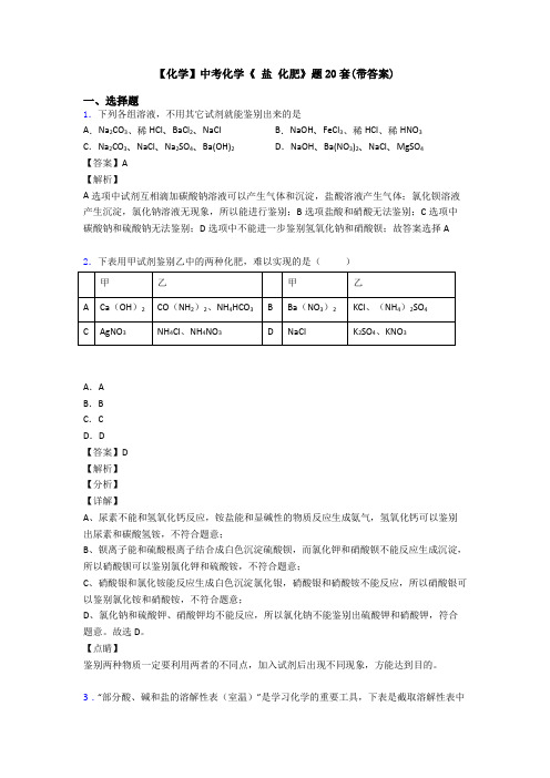 【化学】中考化学《 盐 化肥》题20套(带答案)