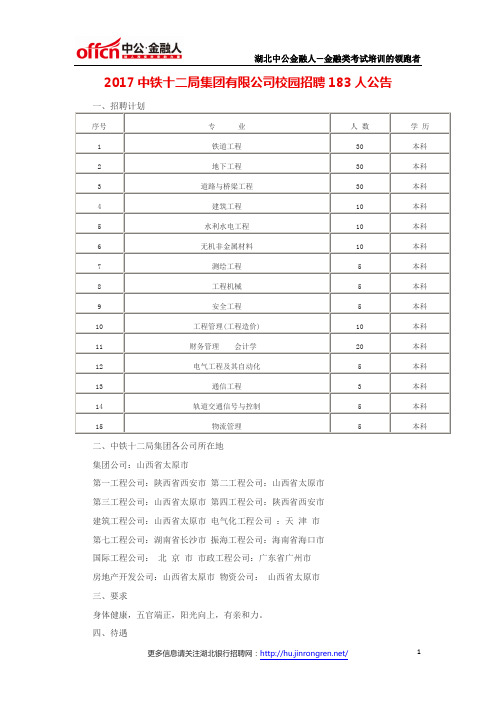 2017中铁十二局集团有限公司校园招聘183人公告