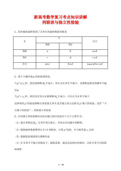 新高考数学复习考点知识讲解11---列联表与独立性检验