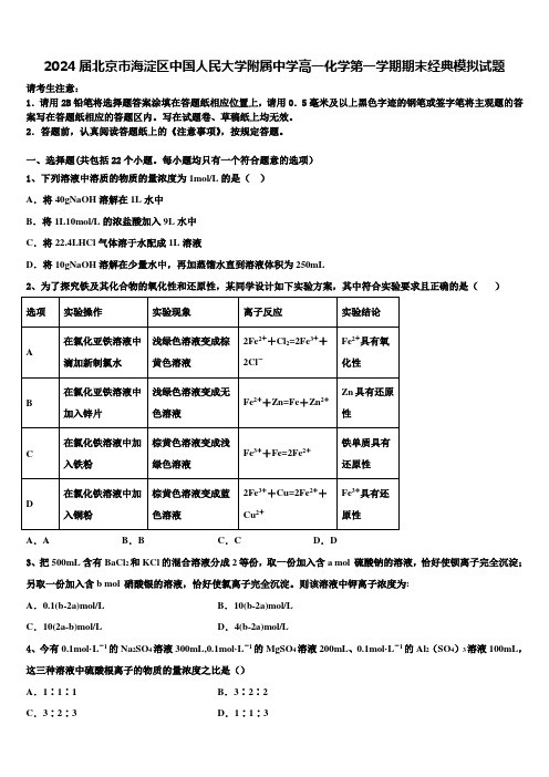 2024届北京市海淀区中国人民大学附属中学高一化学第一学期期末经典模拟试题含解析