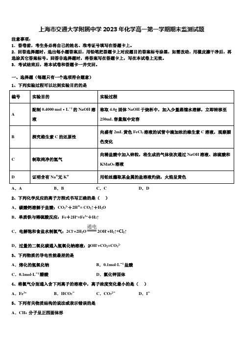 上海市交通大学附属中学2023年化学高一第一学期期末监测试题含解析