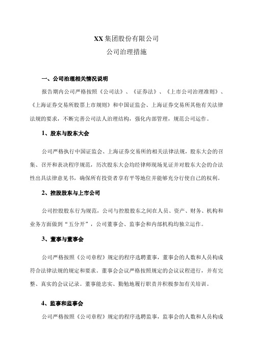 XX集团股份有限公司公司治理措施