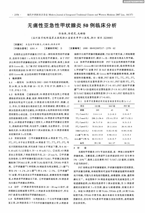 无痛性亚急性甲状腺炎50例临床分析