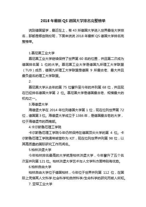 2018年最新QS德国大学排名完整榜单