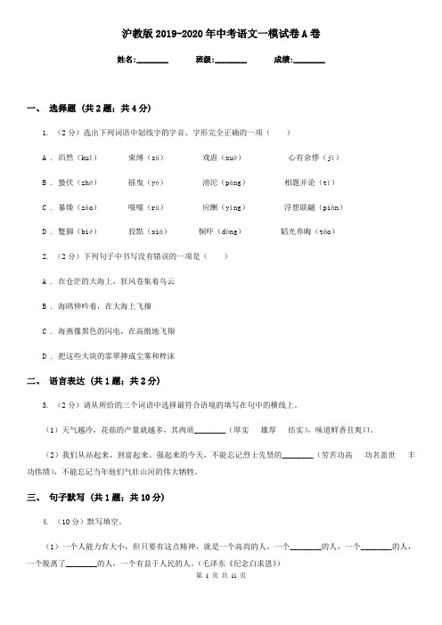 沪教版2019-2020年中考语文一模试卷A卷