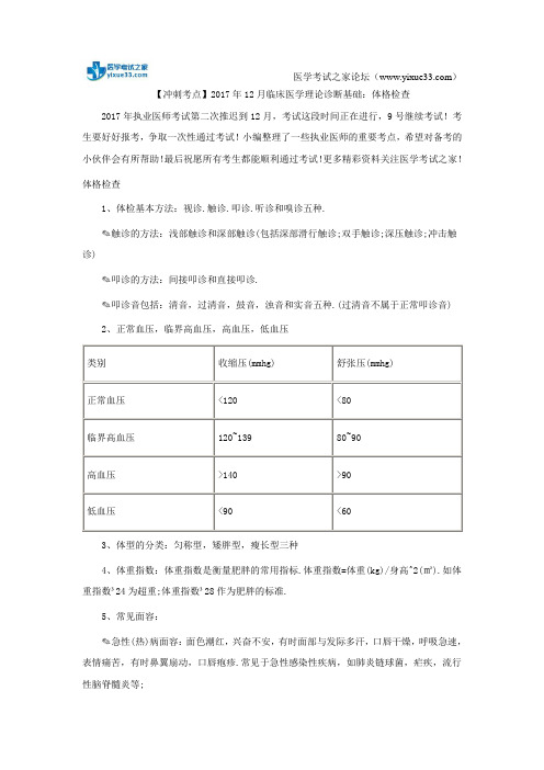 【冲刺考点】2017年12月临床医学理论诊断基础：体格检查