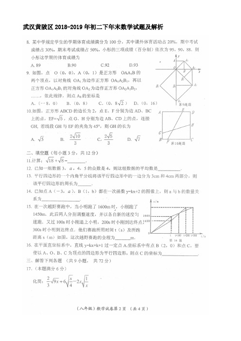 武汉黄陂区2018-2019年初二下年末数学试题及解析